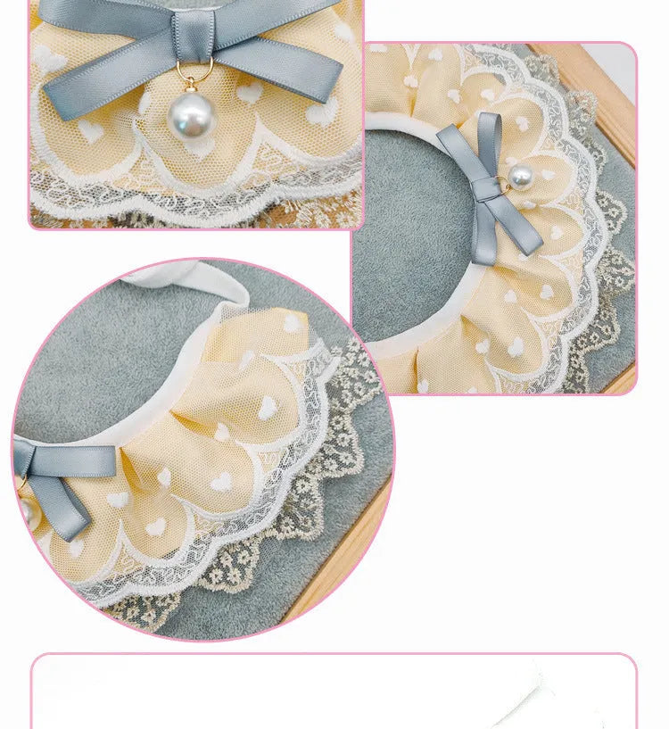 Yellow cotton polyester cat bib with lace trim, princess style, sizes XS S M L, lace and side lacing measurements shown.
