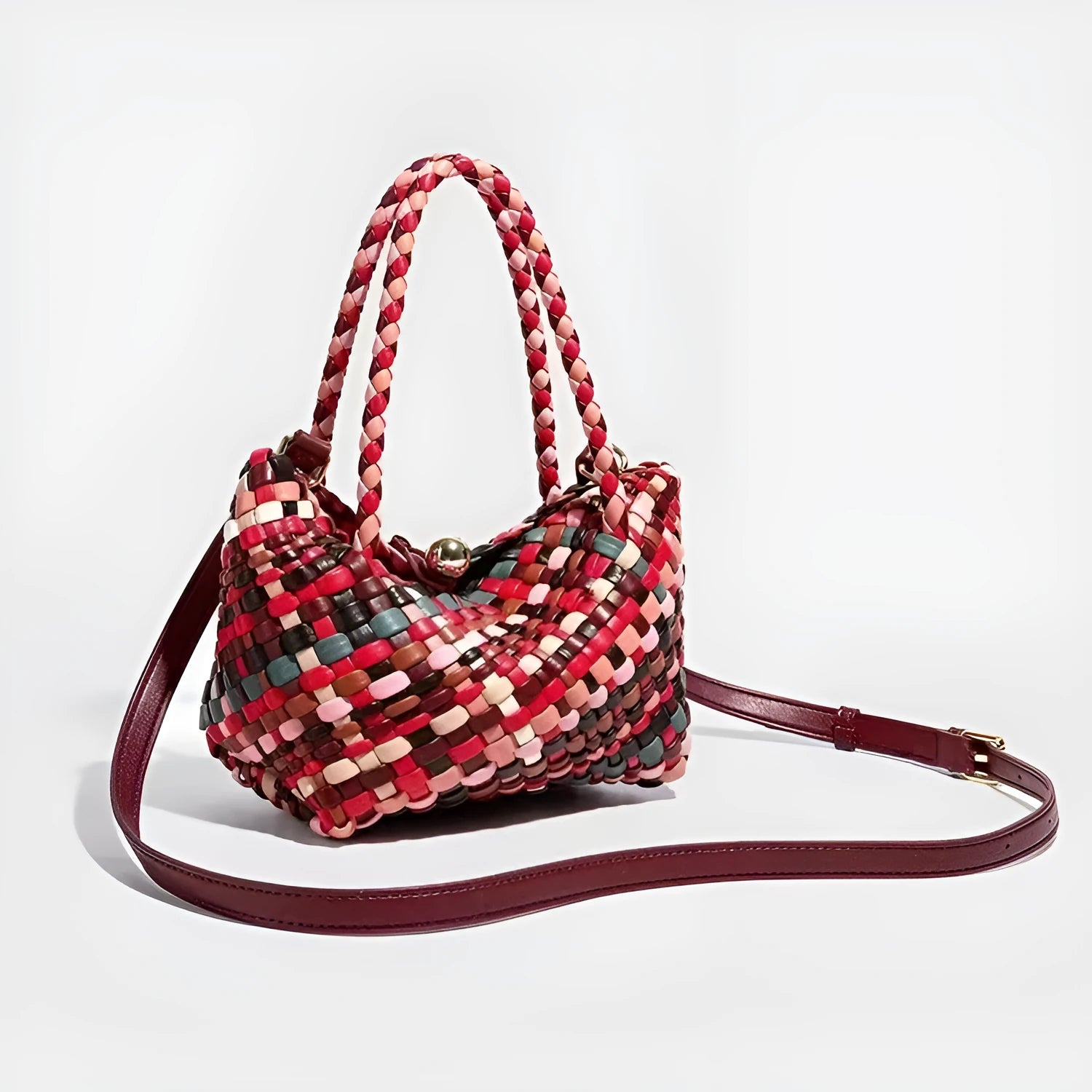 Colourful woven PU leather women's casual shoulder bag, handmade.