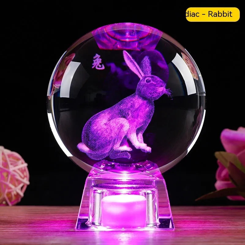 White crystal ball lamp with Chinese zodiac animal figurine on LED electronic base