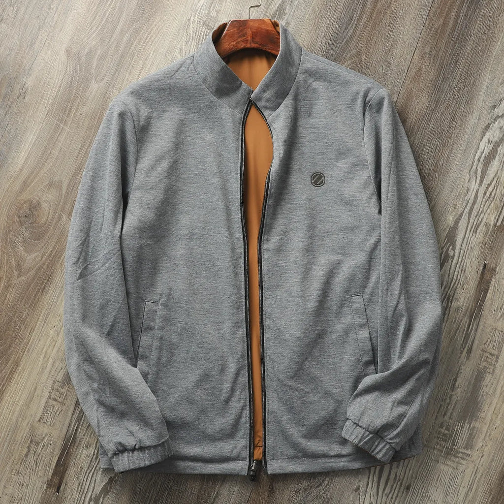Men's stand collar casual jacket in Army Green colour on a hanger.