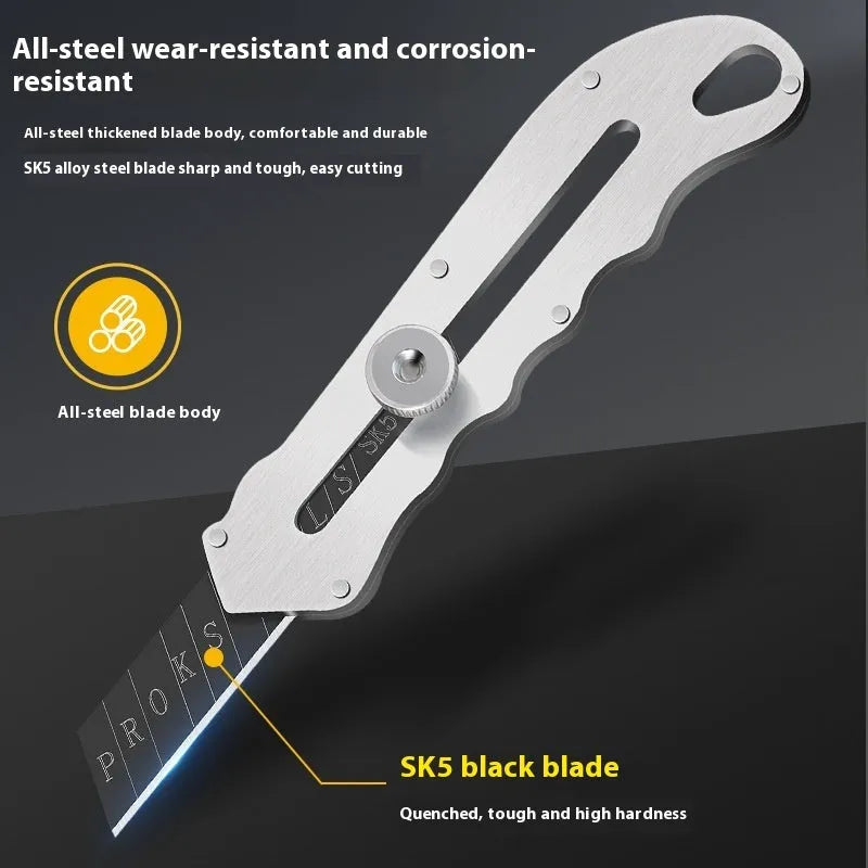 Stainless steel folding art knife with black blade and set of replacement blades