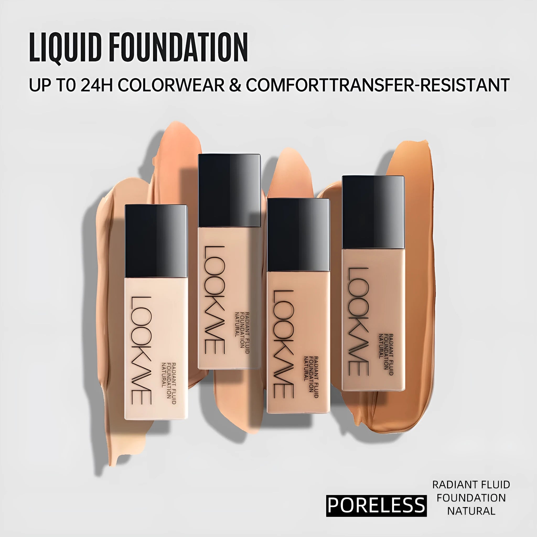 LOOKAVE matte liquid foundation bottle in 21c size with shade options LK63C-01 to LK63C-06
