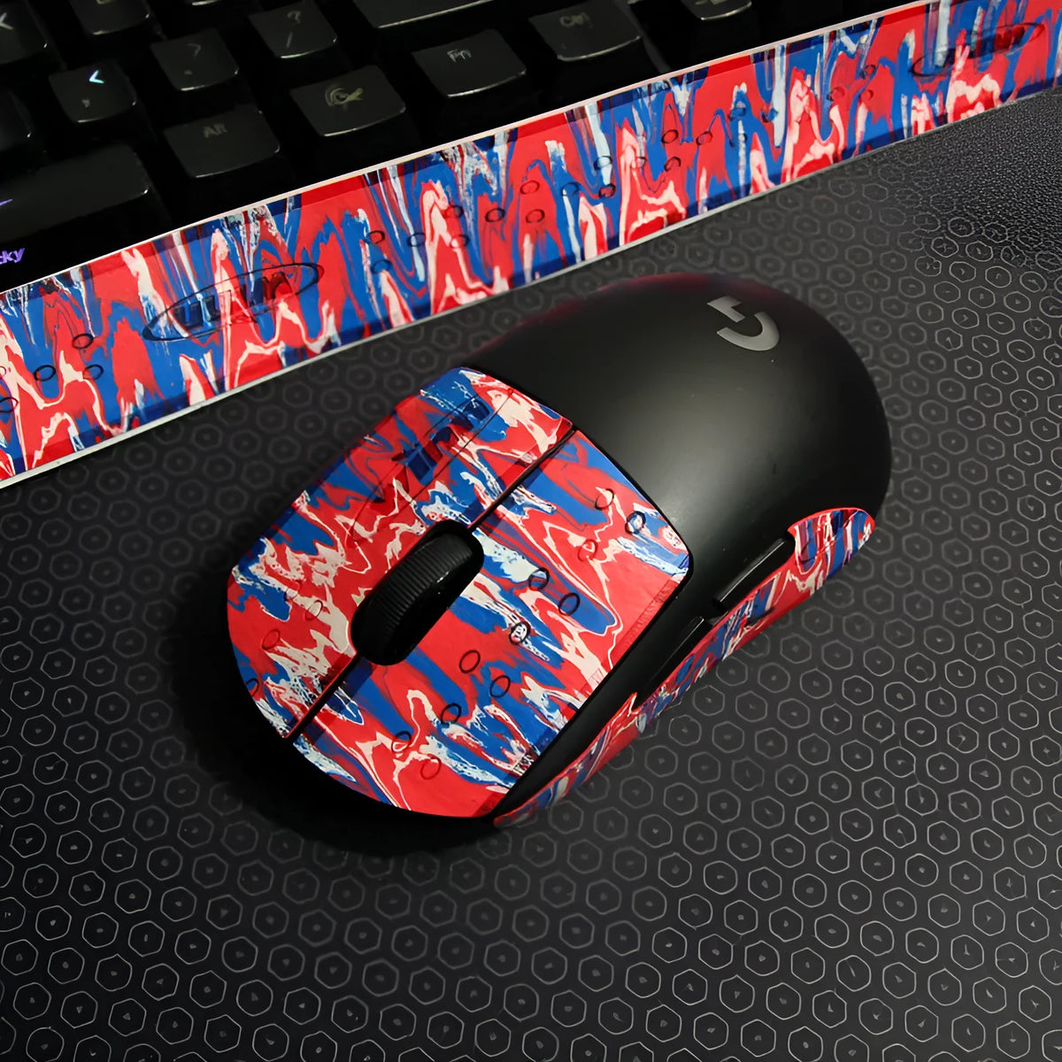 Second generation GPX mouse anti-skid stickers in black grey applied to mouse buttons