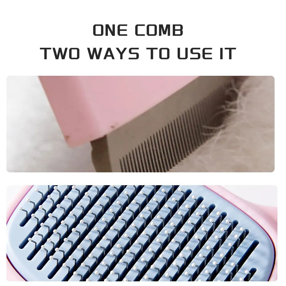 Blue and green pet grooming brush with a double-sided head for deshedding and dematting.