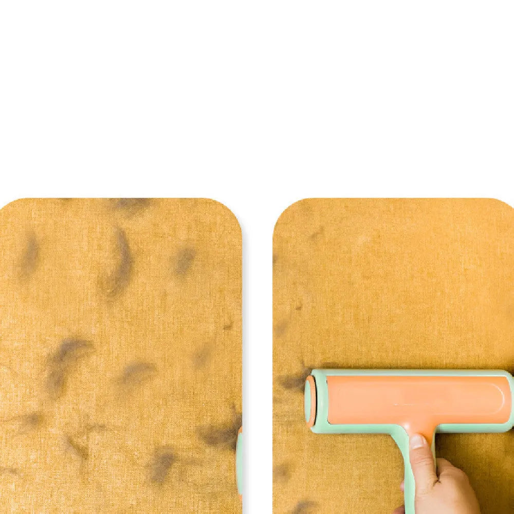 Two-way roller pet hair removal brush in green orange colour with ABS body and nylon fibre bristles on a beige sofa