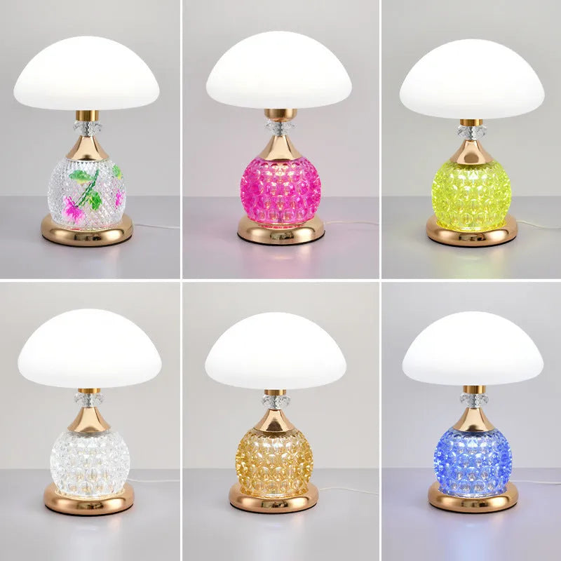 Light luxury mushroom table lamp in transparent colour option on a bedroom desk with USB cable connected.