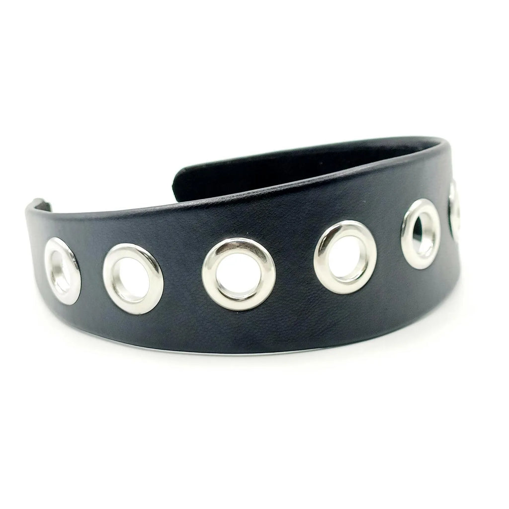 Black wide rivet headband for women, handmade artificial leather punk hair accessory with round square and dotted rivets