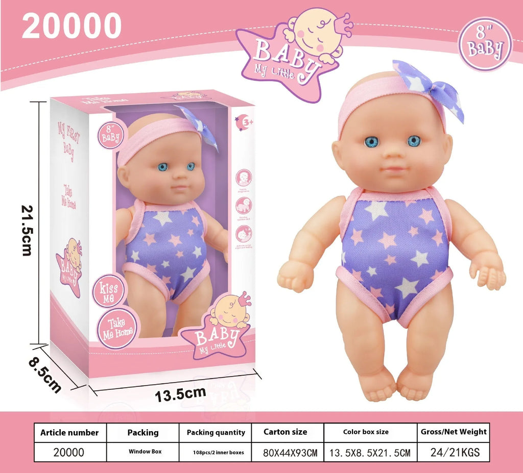 Simulation baby vinyl figurine doll in colour box packaging, 21.5cm tall, realistic design