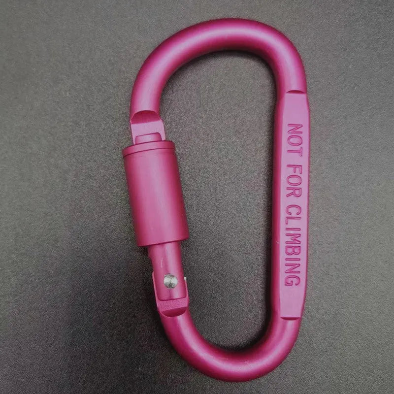 Aluminium D-type carabiner with lock in multiple colour options showing 8cm flat design