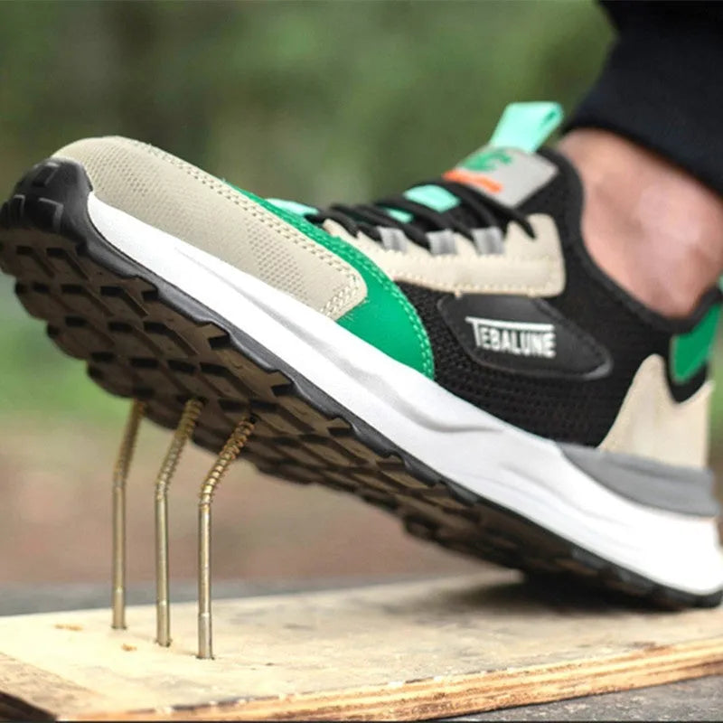Black green low-cut safety shoes with mesh panels and plastic steel toe caps