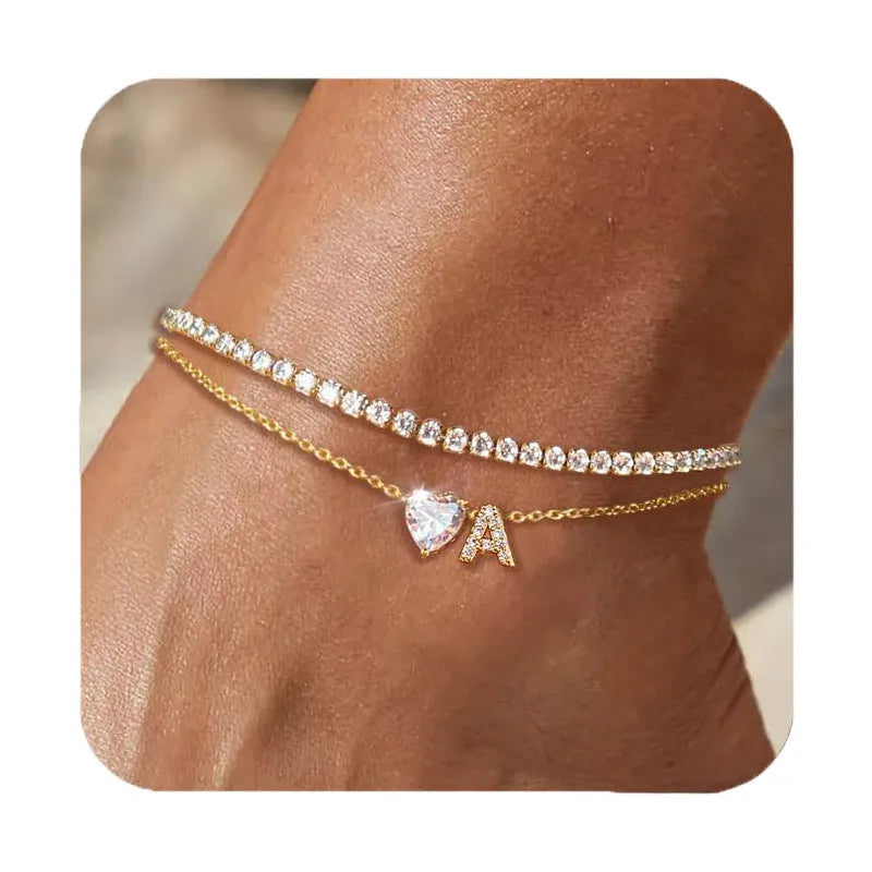 Copper initial anklet with zircon letter and double ring design, available in bead zircon or claw chain zircon