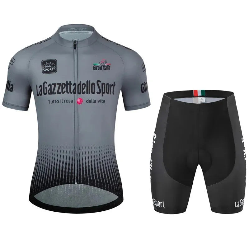 Patterned short sleeve road cycling jersey on a hanger, showing quick-dry polyester fabric.