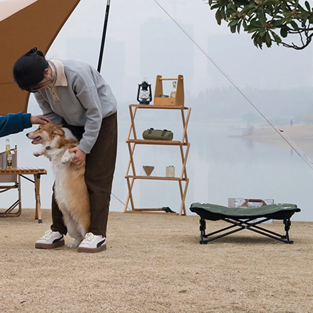 Outdoor pet folding bed with aluminium alloy X-frame and black 600D Oxford cloth sleeping surface