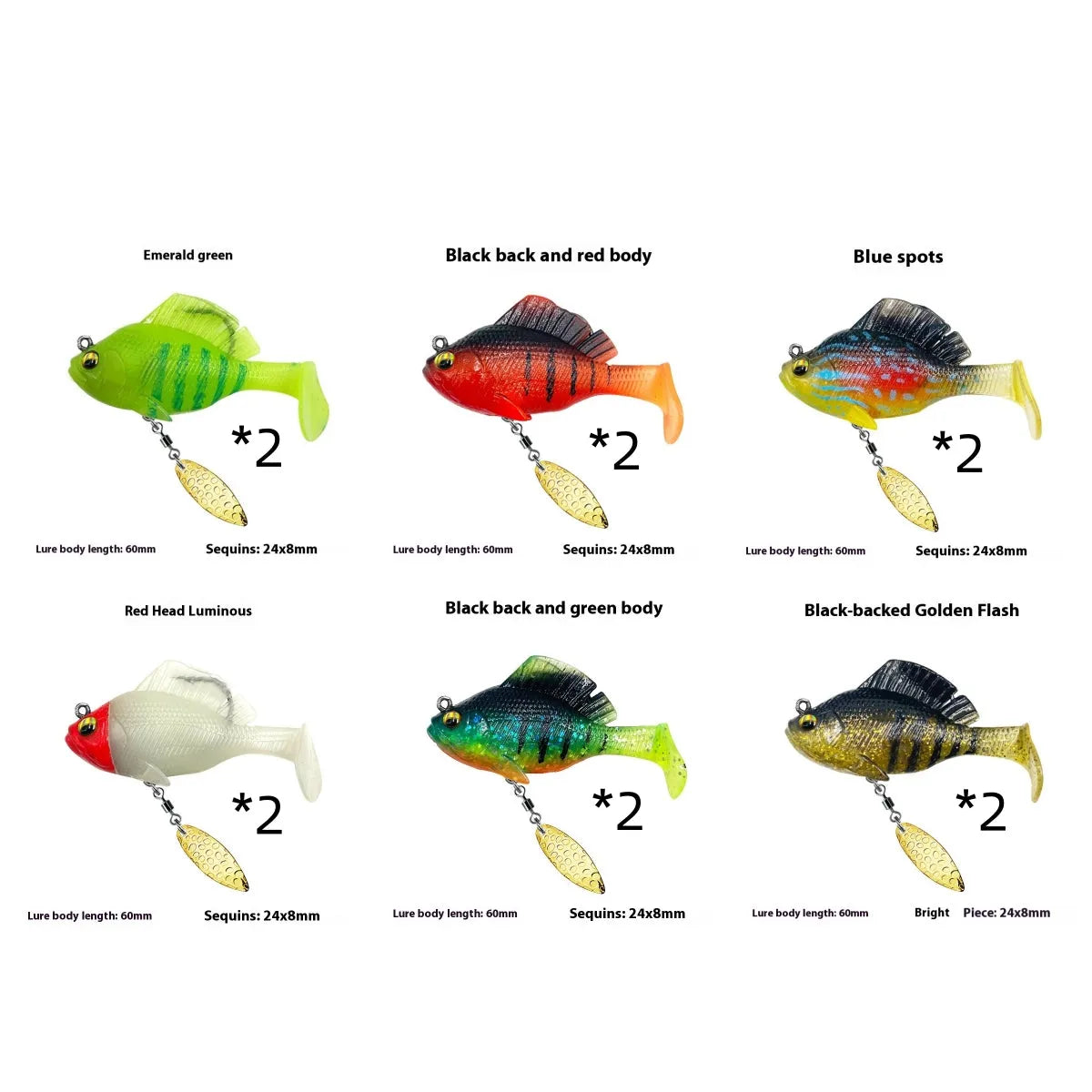 Rotating sequins T tail fishing lure in black back red body, 10g or 14g, for bass and mandarin fish