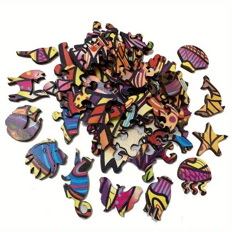 Wooden animal puzzle block with irregular stereo pieces, available in Colorful A3 or A5, packed in a white box.