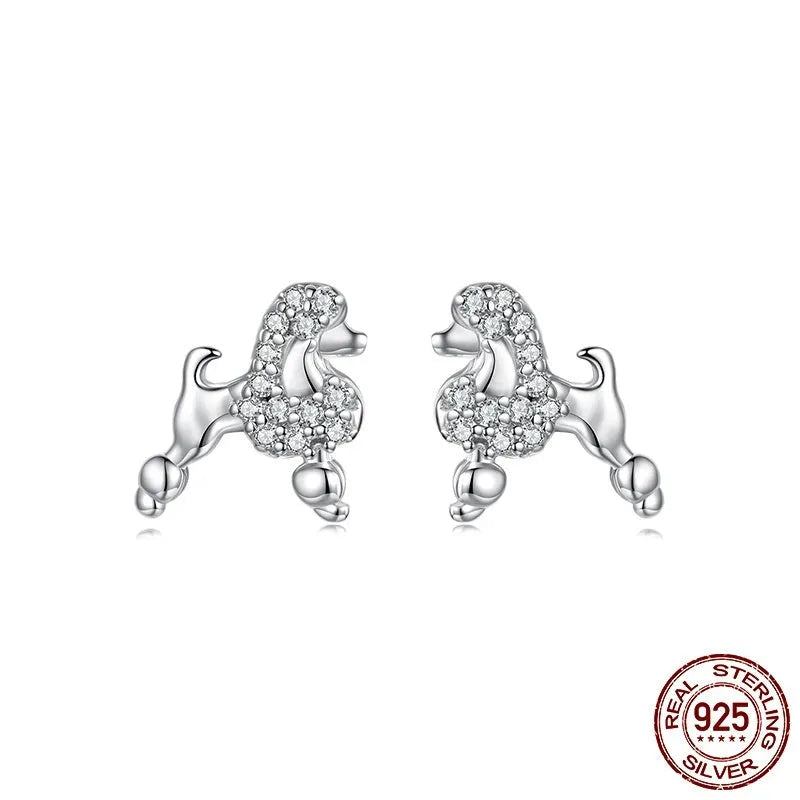 S925 sterling silver mini poodle stud earrings for women cute dog animal zodiac jewellery