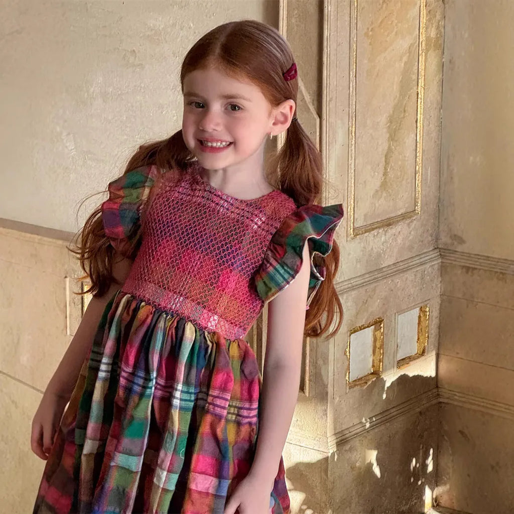Cotton girls' retro plaid sleeveless dress in red plaid, suitable for height 100-140cm