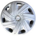 Universal black ABS plastic wheel hub cover for car, shown next to a 15-inch silver version