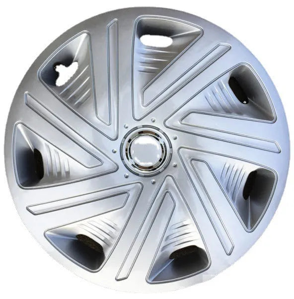 Universal black ABS plastic wheel hub cover for car, shown next to a 15-inch silver version