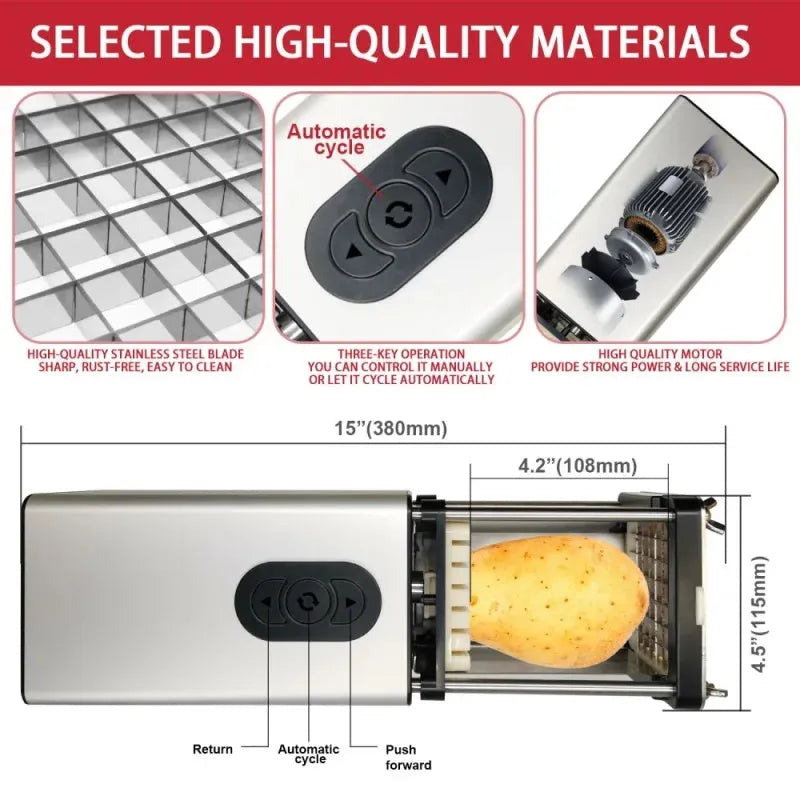 Black electric French fry cutter machine with stainless steel blades on a kitchen counter