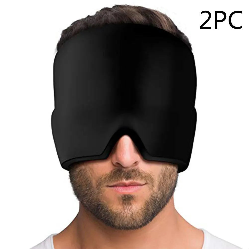 Black elastic ice gel headache relief eye mask shown on a mannequin head, adjustable for 42-66cm circumference.