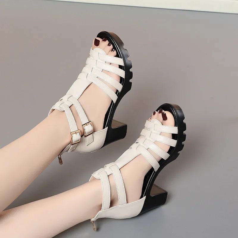 Women's summer hollow-out high heel rhinestone shoes in beige with fish mouth toe and buckle closure