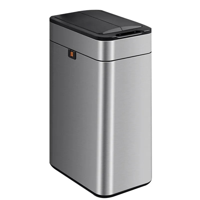 Stainless steel square inductive smart trash can with automatic sensor lid and deodorant function.