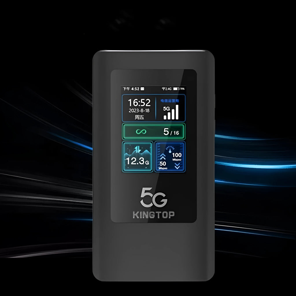 Black portable 5G Wi-Fi router with LCD display, 4400mAh battery, and USB-C port