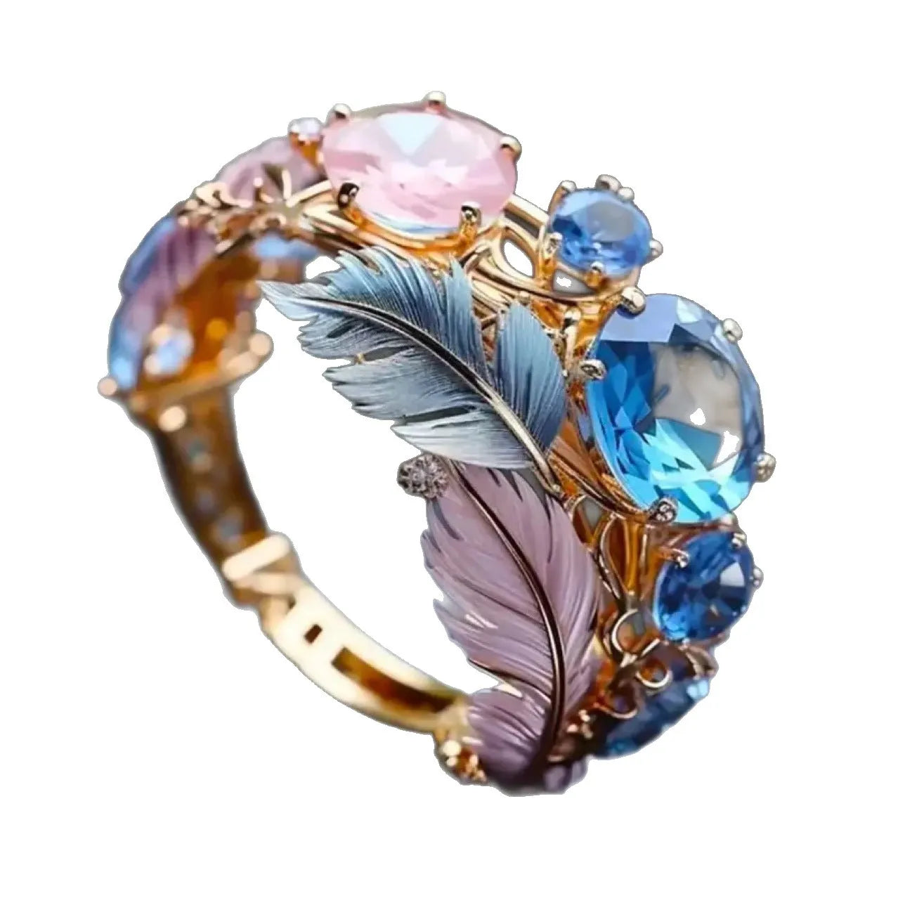 Gold-coloured brass feather ring with embossed geometric design and zircon inlay