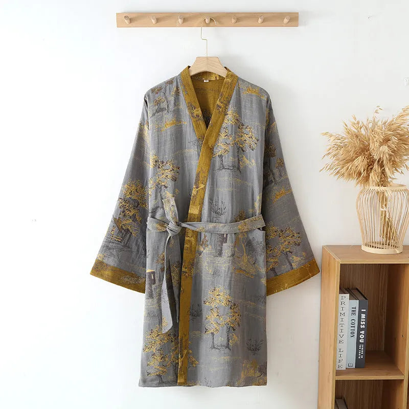 Pure cotton jacquard Chinese style belt nightgown in Gray Green for couples homewear
