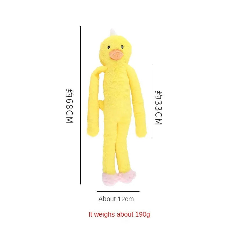 Pink and yellow golden retriever plush dog toy with squeaker and rattle.