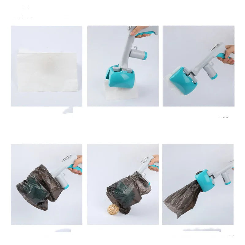Blue plastic extended handle toilet clamp for pet waste pickup on a white background