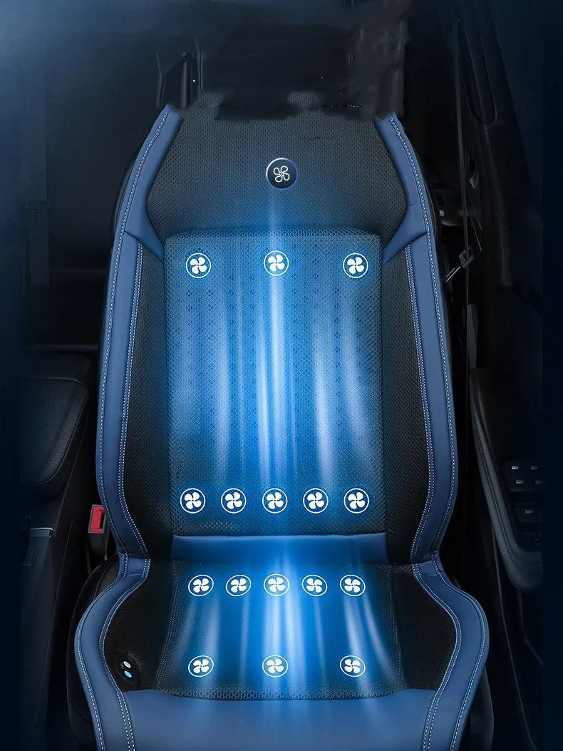 Black minimalist car seat cooling pad with USB cable for 12V/24V power connection.