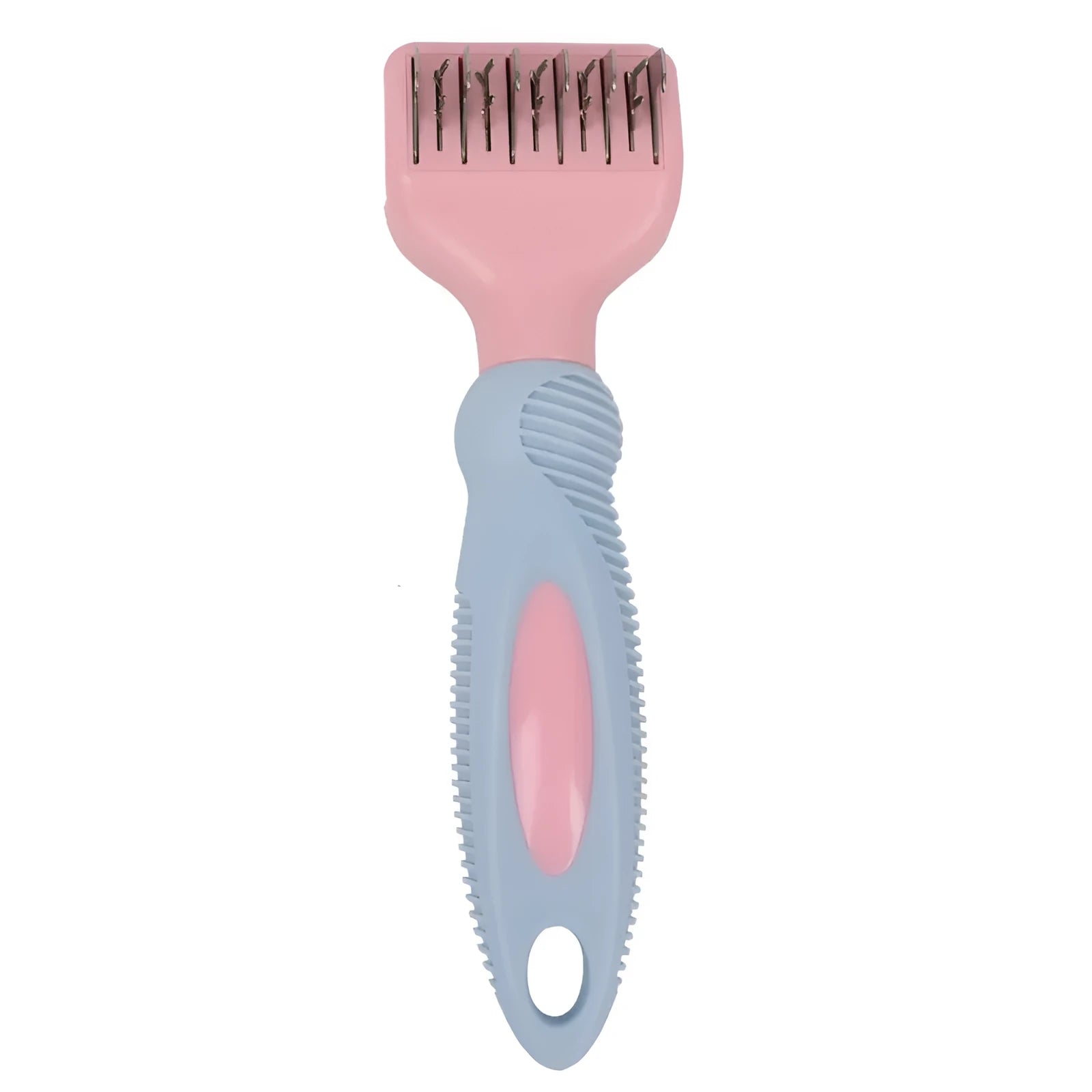 Pink and purple pet grooming comb with stainless steel knot knife and massage brush tips, shown with dimensions.