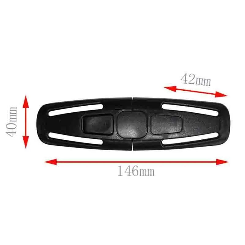 Black nylon seat belt buckle clip for child car seat harness measuring 14.5cm by 4cm