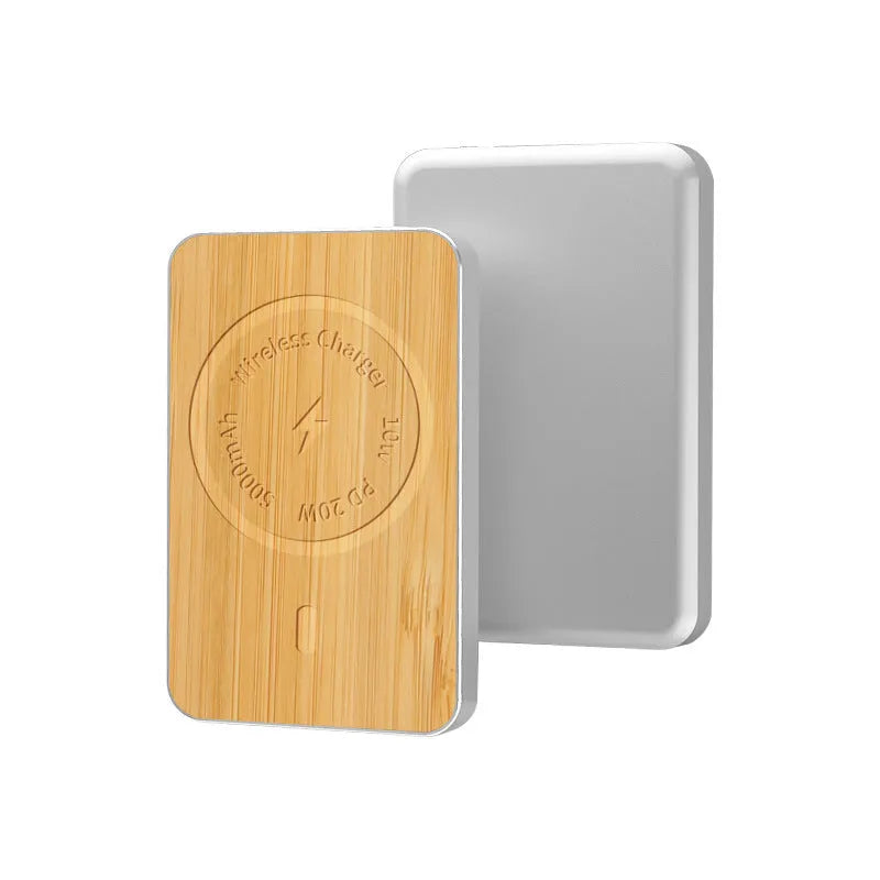 Khaki-coloured aluminium magnetic wireless power bank showing USB port and dimensions.