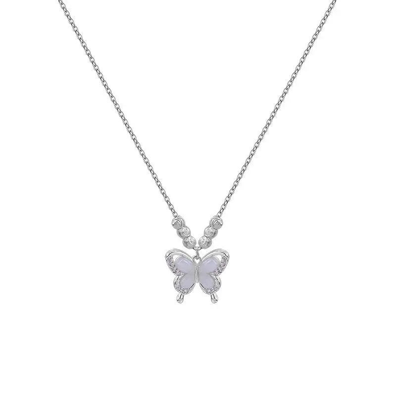 Silver opal butterfly pendant necklace with cross chain, adjustable from 41cm to 50cm.