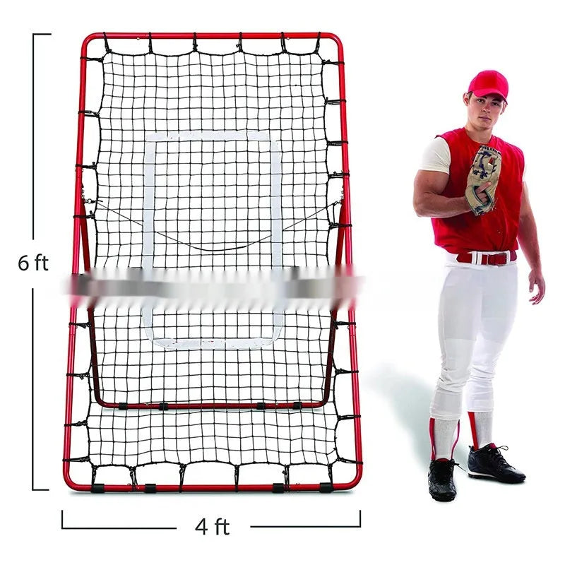 Red adjustable portable baseball training net with metal frame, shown folded to 95x16x14.5cm.