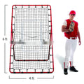 Red adjustable portable baseball training net with metal frame, shown folded to 95x16x14.5cm.