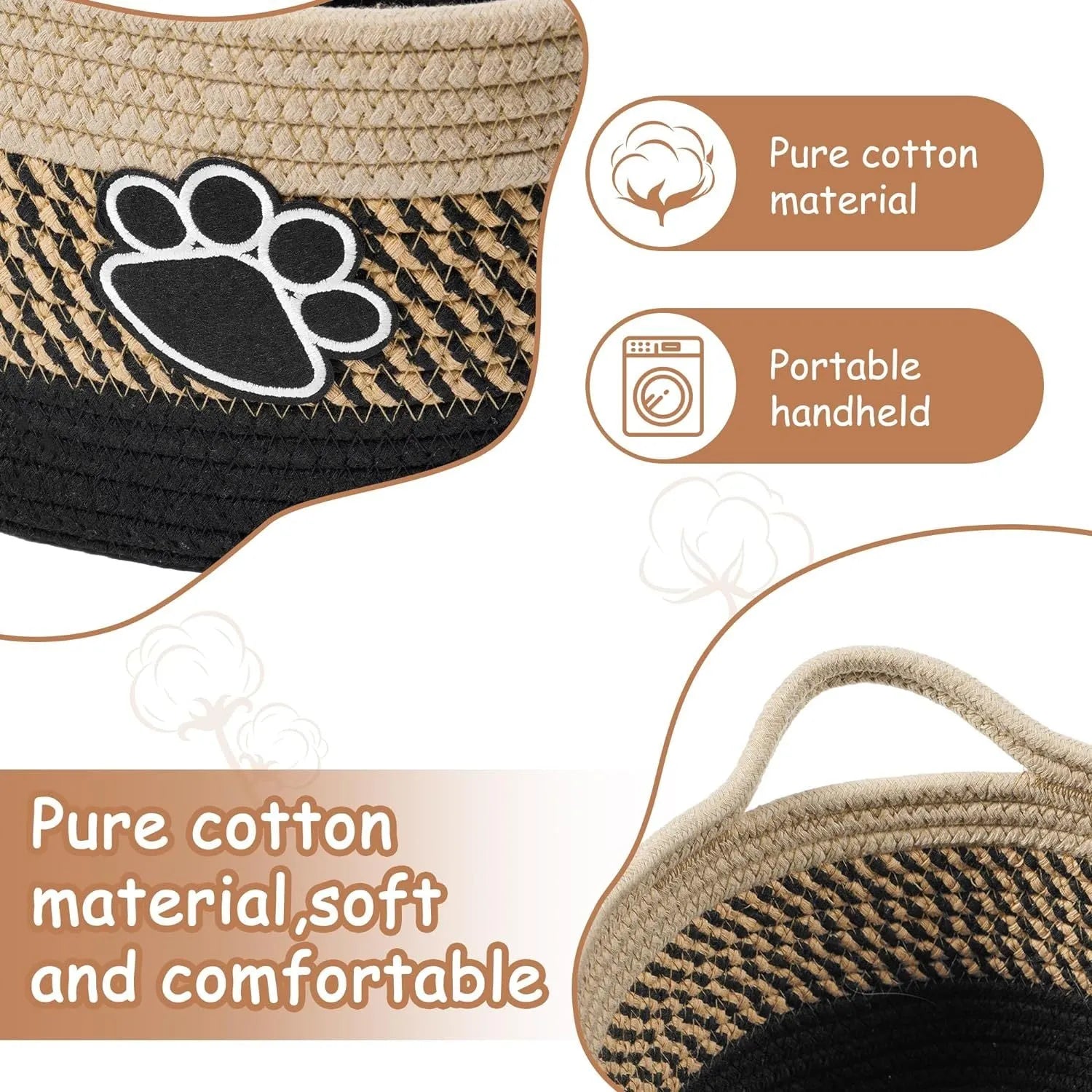 Light beige handmade cotton rope storage basket with wooden handles