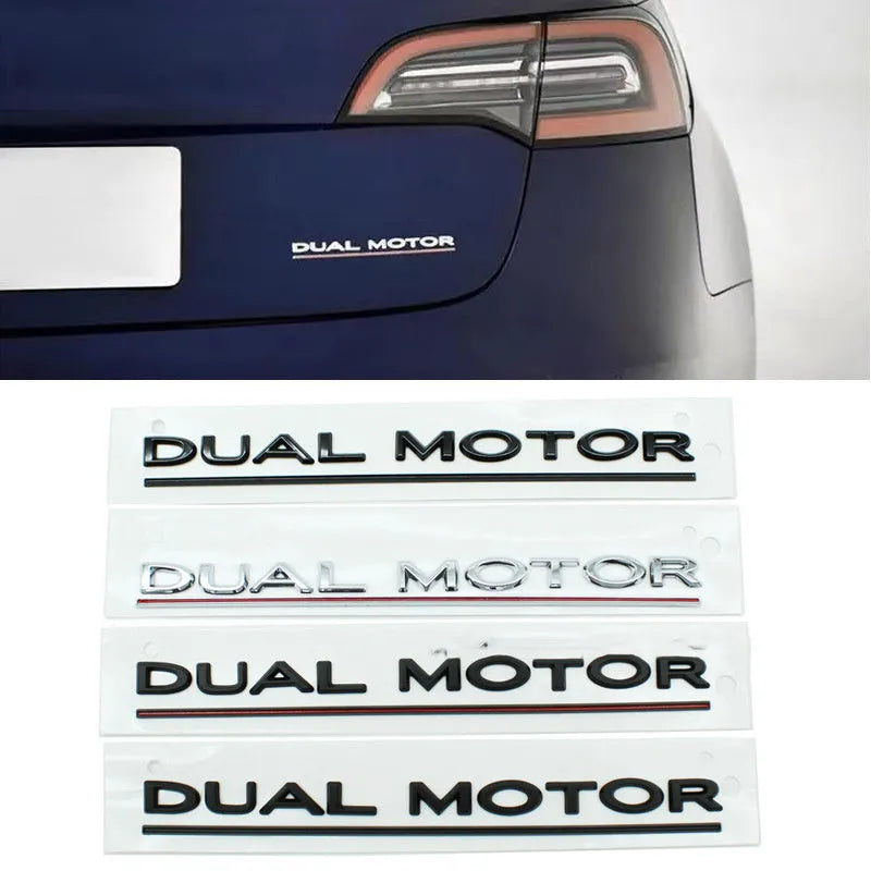 Tesla Model 3 Dual Motor bumper sticker in ABS plastic, shown in matte black with a black stripe, dimensions 19cm by 3cm.