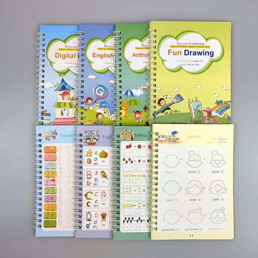 Children's magic calligraphy copybook set showing four coloured books, magic stylus pen, and refills with 3D slot writing design
