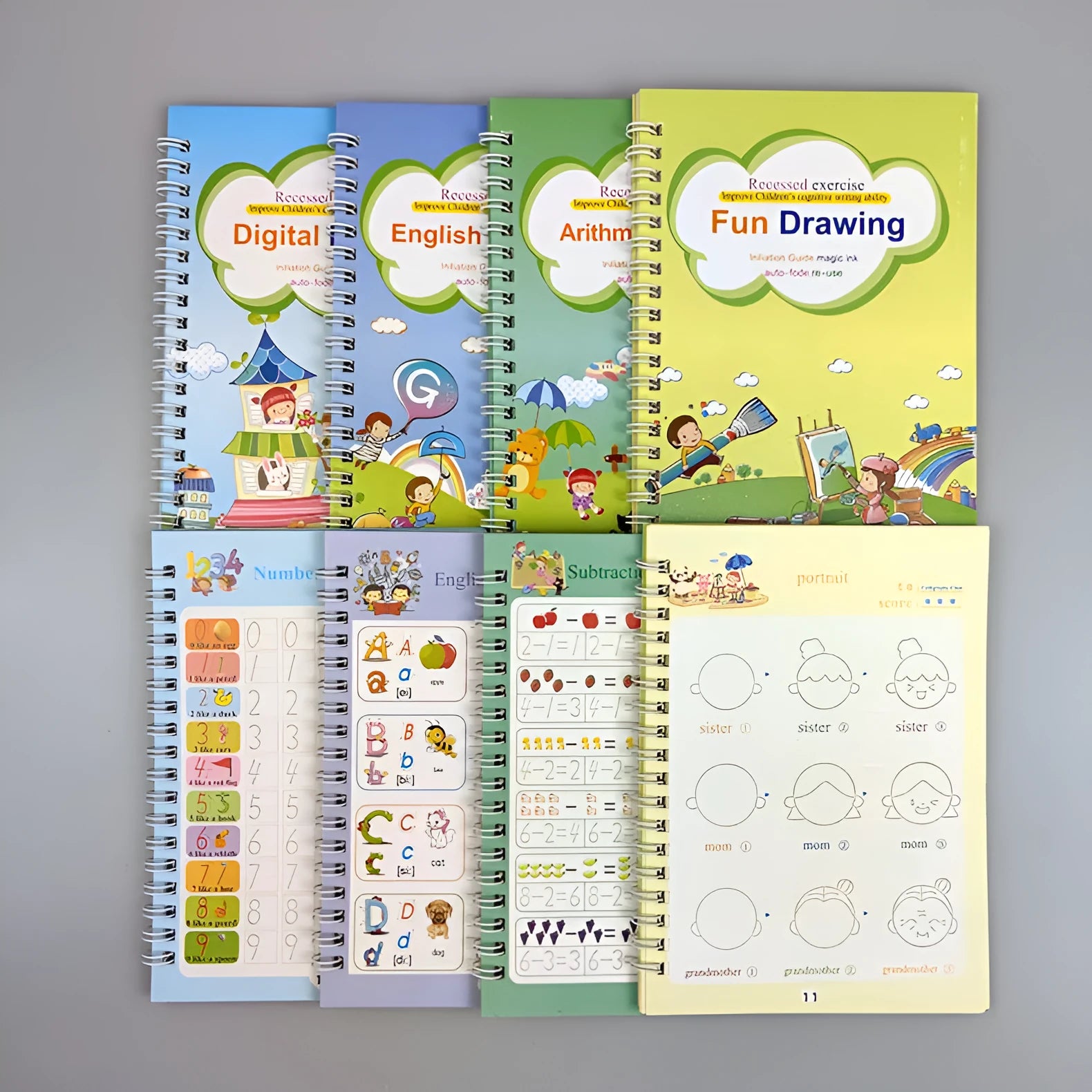 Children's magic calligraphy copybook set showing four coloured books, magic stylus pen, and refills with 3D slot writing design
