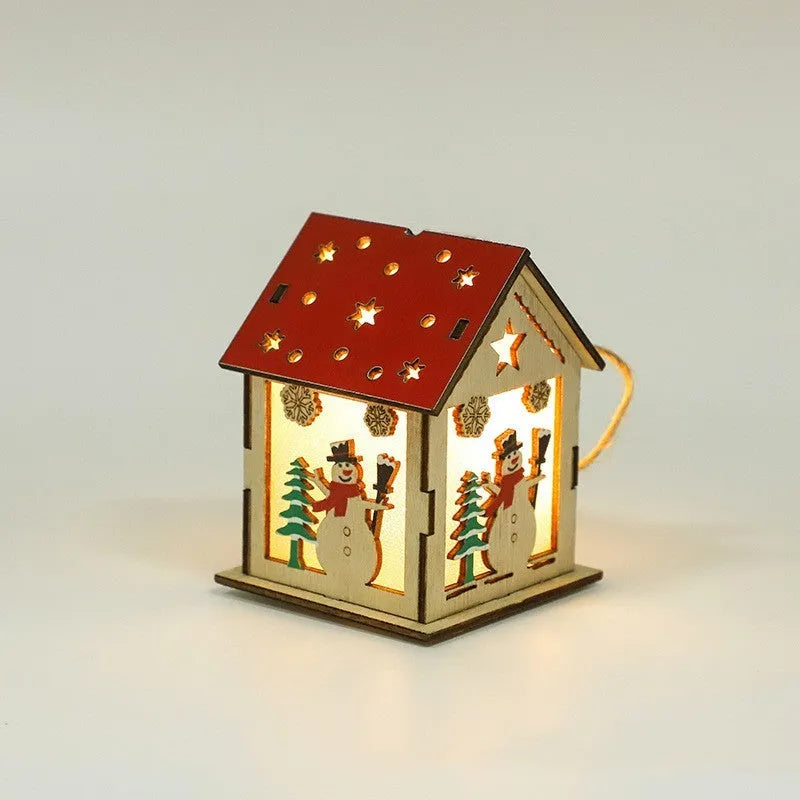 Decorative festive luminous wooden pendant 7cm x 7cm x 9cm, wooden ornament with wick and battery, Snowman B style