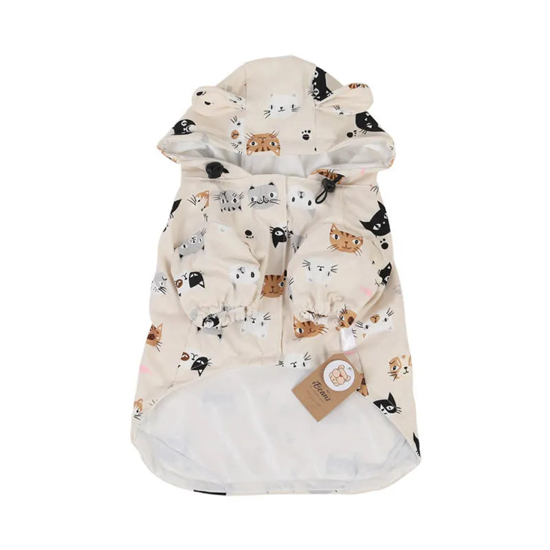 Beige cartoon print dog raincoat with waterproof PU coating on a dog.