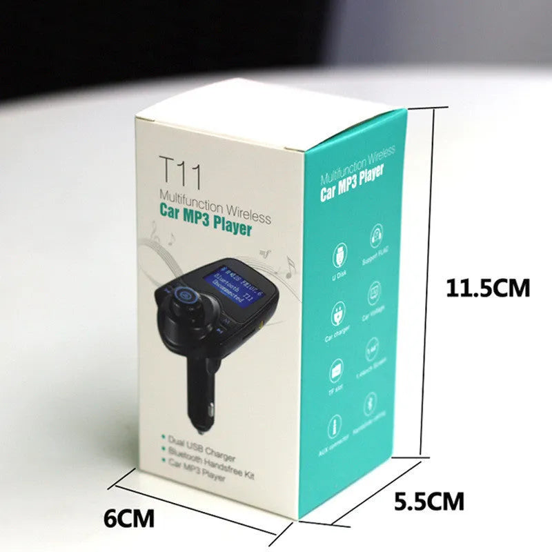 Car FM transmitter with 1.3-inch monochrome screen, AUX interface, ABS body, and 12-24V power supply