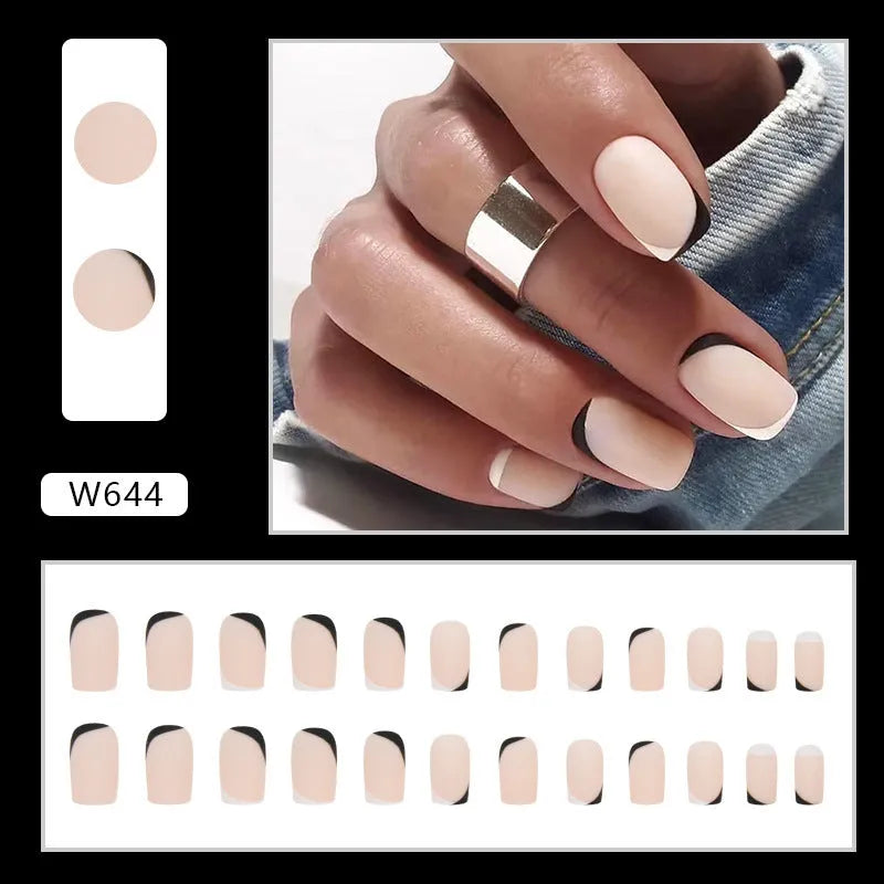 Black and white frosted artificial nails with French manicure design