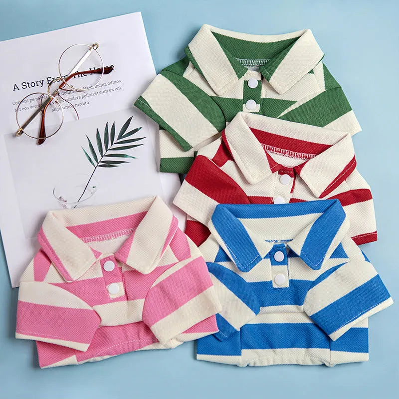 Striped dog polo shirt with beaded lapel and elastic fit, polyester pet vest in pink, green, red, or blue stripes