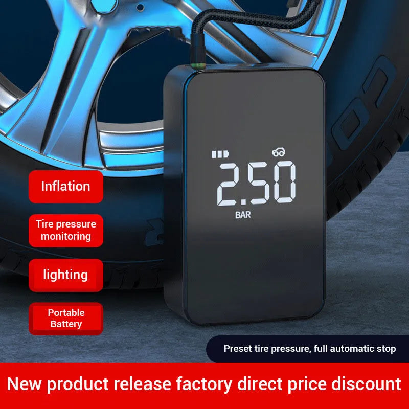 Compact wireless digital tyre inflator pump with screen, LED light, and four air nozzles on a black background.