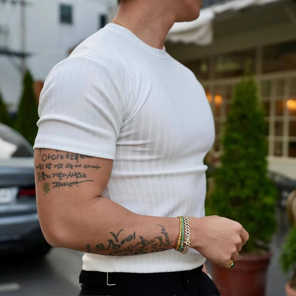 Men's cotton blend crew neck short sleeve t-shirt in white, summer sports fitness wear